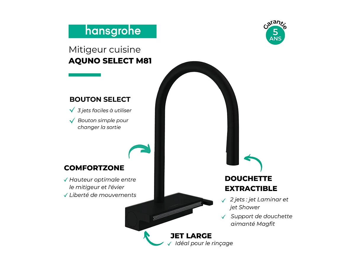 Robinet de cuisine avec douchette HANSGROHE Aquno Select M81 170 3 jets noir mat + nettoyant Briochin
