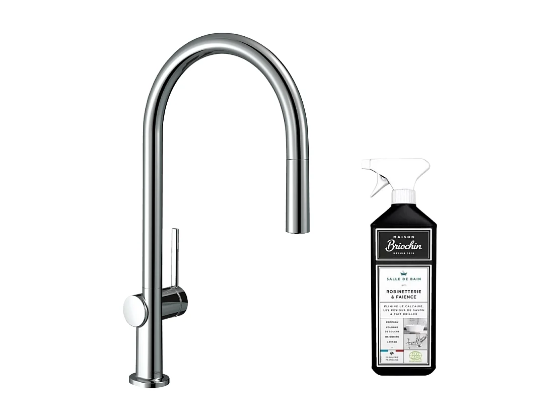 Robinet de cuisine avec douchette HANSGROHE Talis M54 210 sBox chromé + nettoyant Briochin