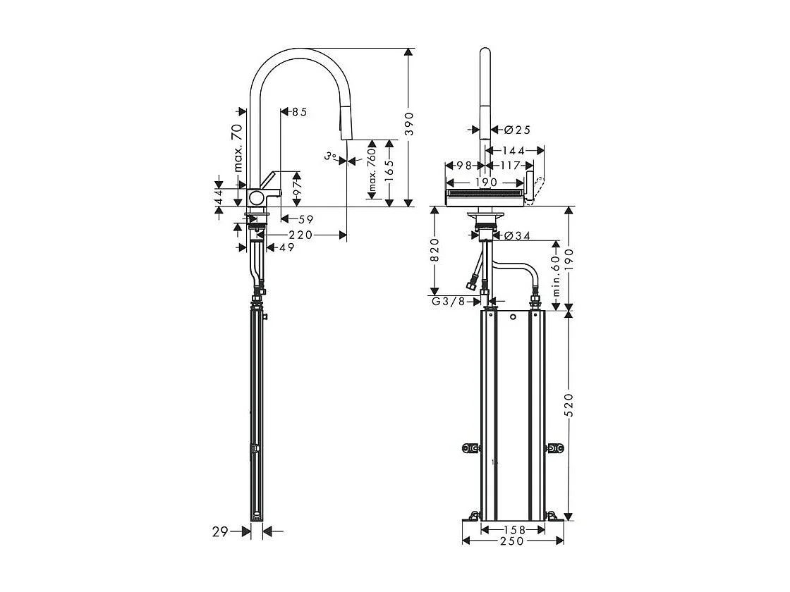 Robinet de cuisine avec douchette HANSGROHE Aquno Select M81 170 sBox 3 jets noir mat + nettoyant Briochin