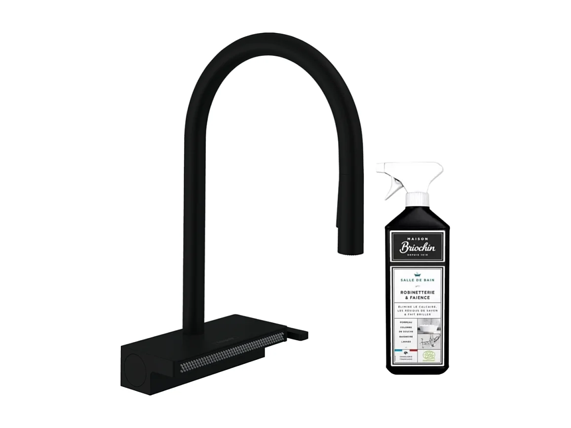 Robinet de cuisine avec douchette HANSGROHE Aquno Select M81 170 sBox 3 jets noir mat + nettoyant Briochin
