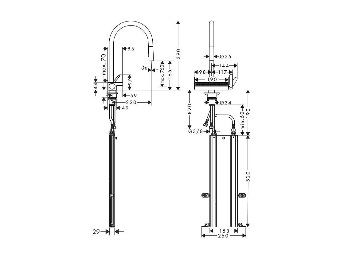 Robinet de cuisine avec douchette HANSGROHE Aquno Select M81 170 sBox 3 jets noir mat + nettoyant Briochin