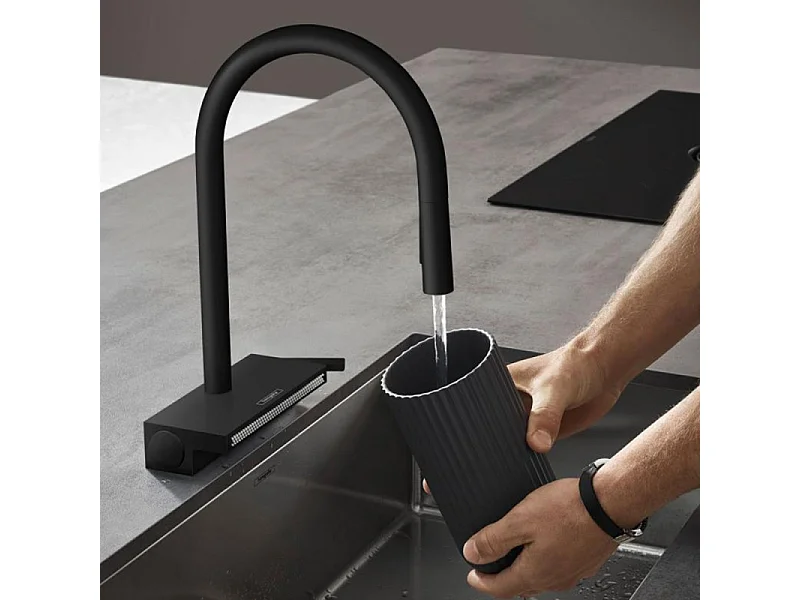Robinet de cuisine avec douchette HANSGROHE Aquno Select M81 170 sBox 3 jets noir mat + nettoyant Briochin