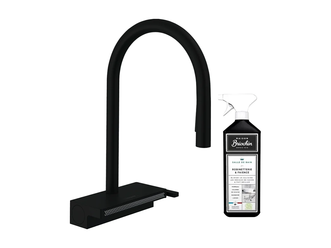 Robinet de cuisine avec douchette HANSGROHE Aquno Select M81 170 sBox 3 jets noir mat + nettoyant Briochin