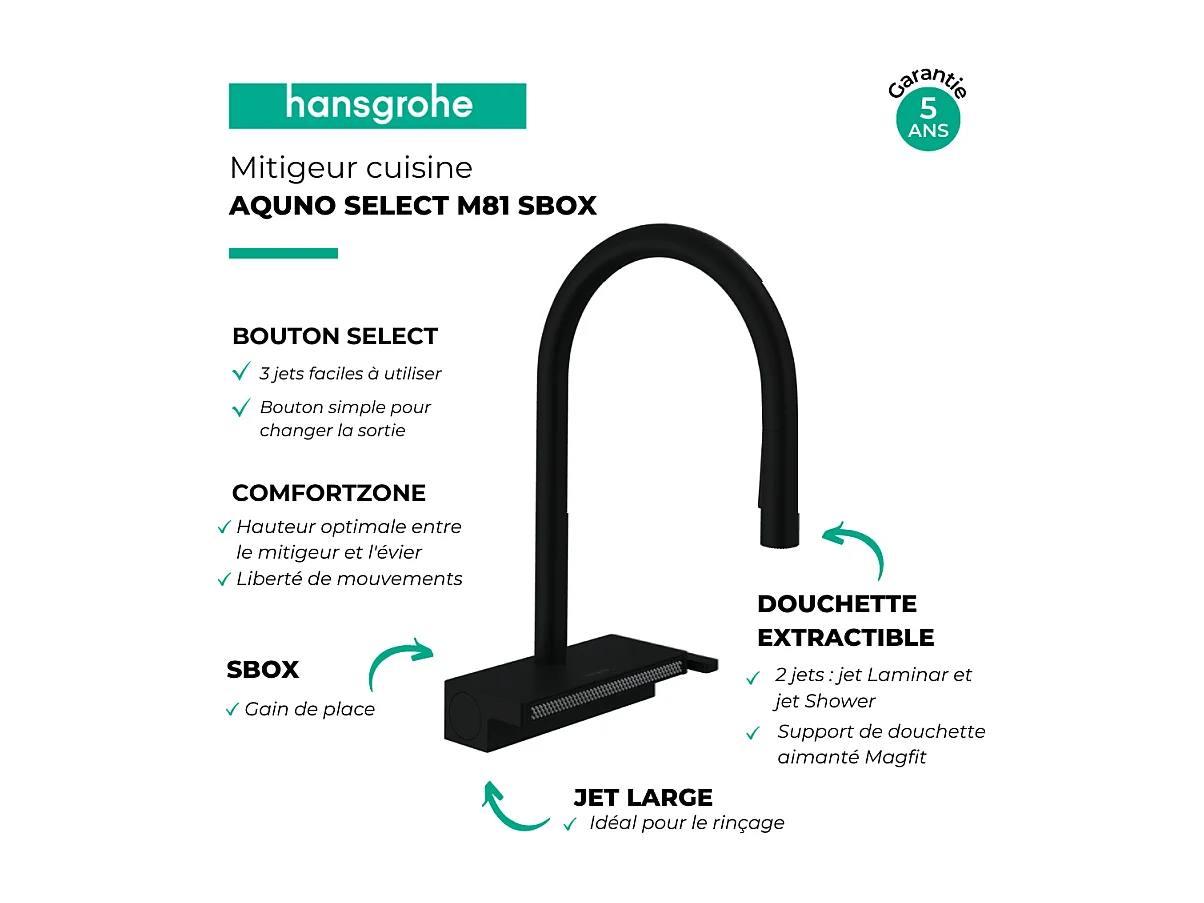 Robinet de cuisine avec douchette HANSGROHE Aquno Select M81 170 sBox 3 jets noir mat + nettoyant Briochin