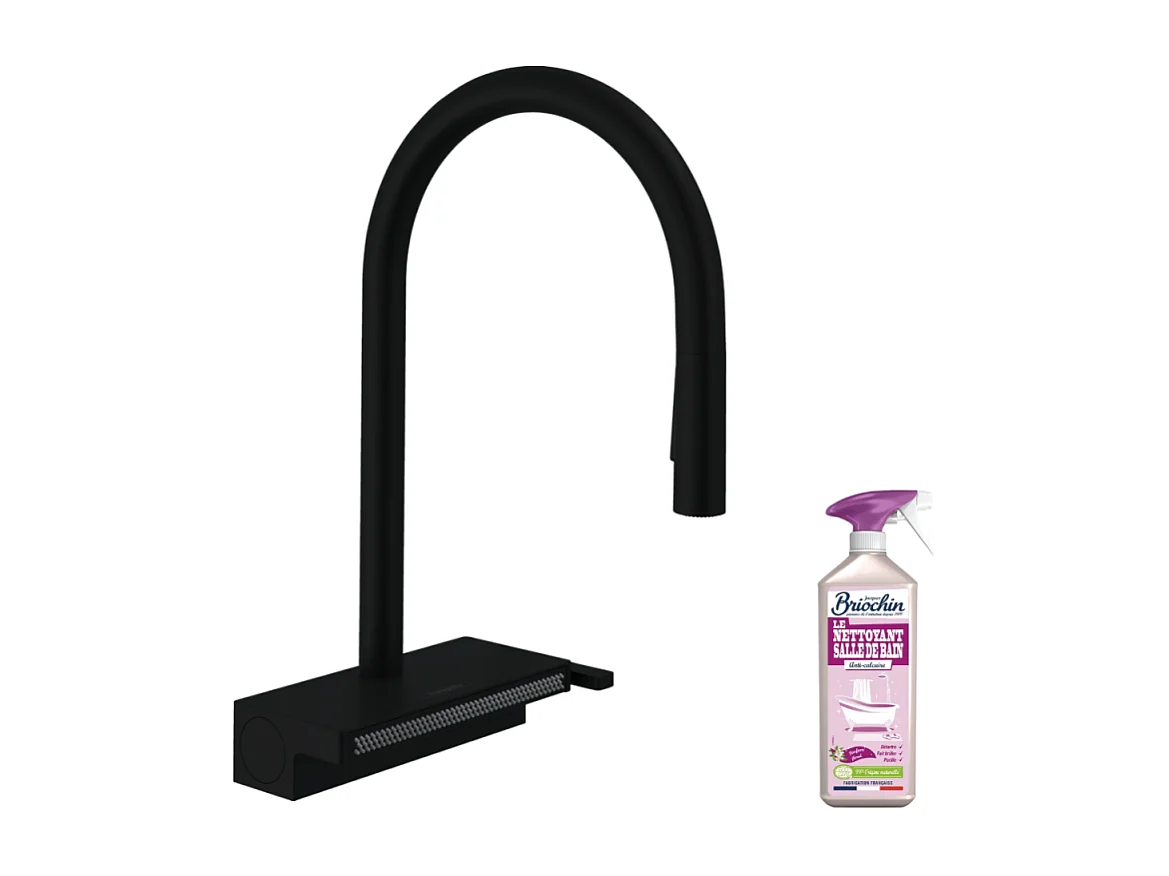 Robinet de cuisine avec douchette HANSGROHE Aquno Select M81 170 sBox 3 jets noir mat + nettoyant Briochin