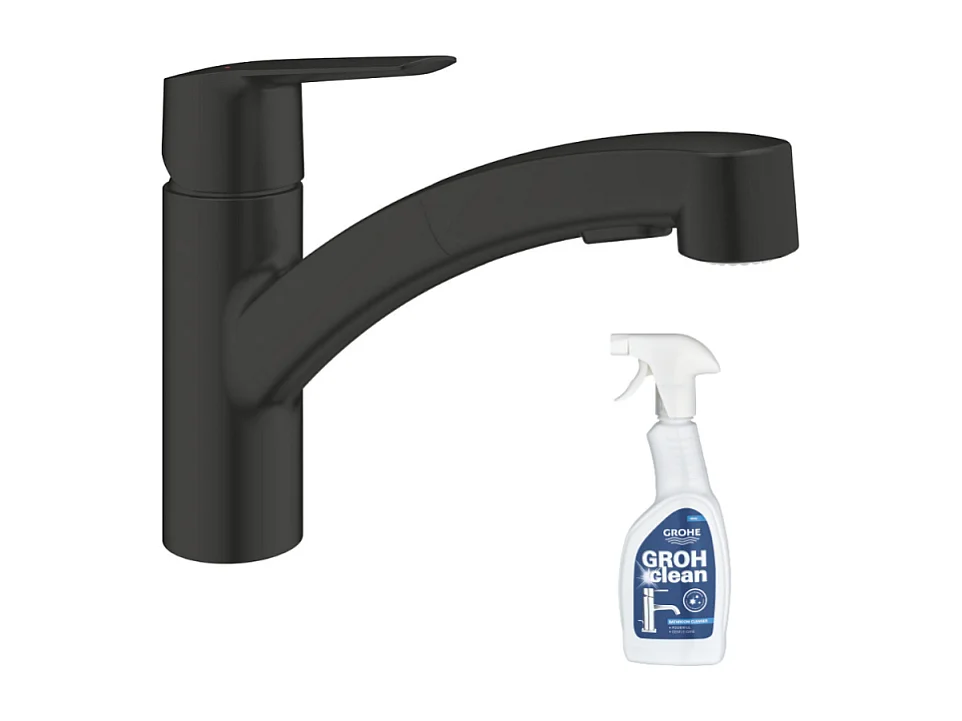 Robinet de cuisine avec douchette GROHE Start noir mat + nettoyant GrohClean