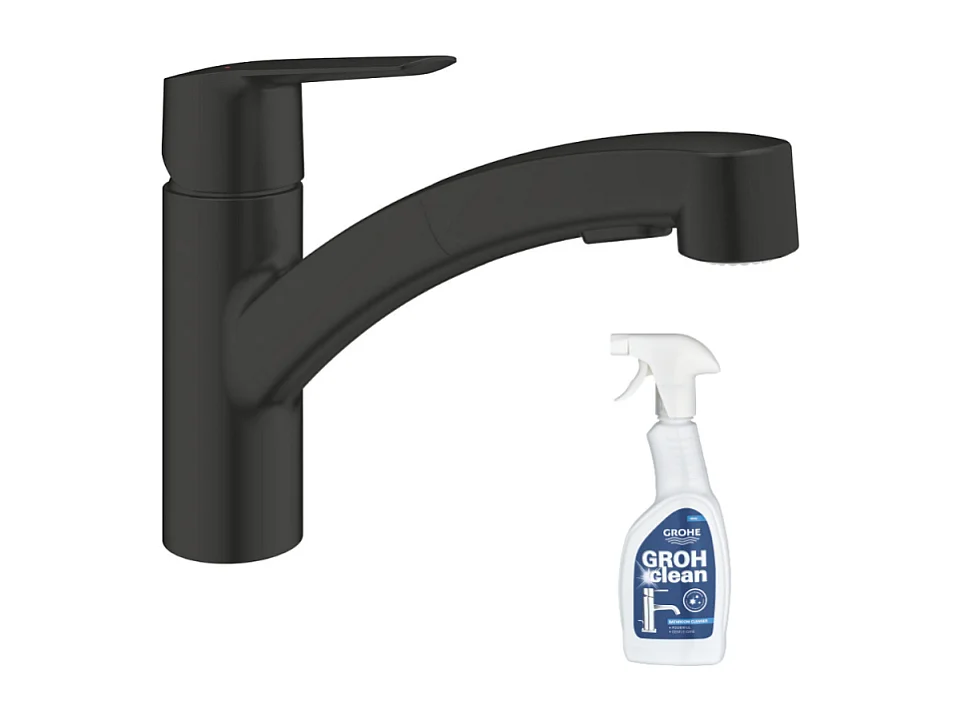 Robinet de cuisine avec douchette GROHE Start noir mat + nettoyant GrohClean