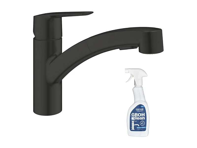 Robinet de cuisine avec douchette GROHE Start noir mat + nettoyant GrohClean