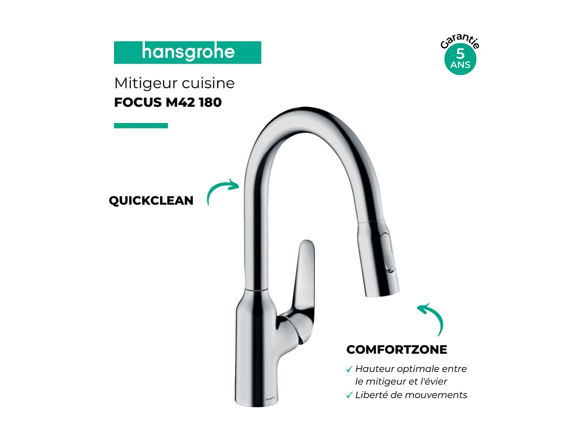 Robinet de cuisine avec douchette HANSGROHE Focus M42 180 2 jets chromé + nettoyant Briochin