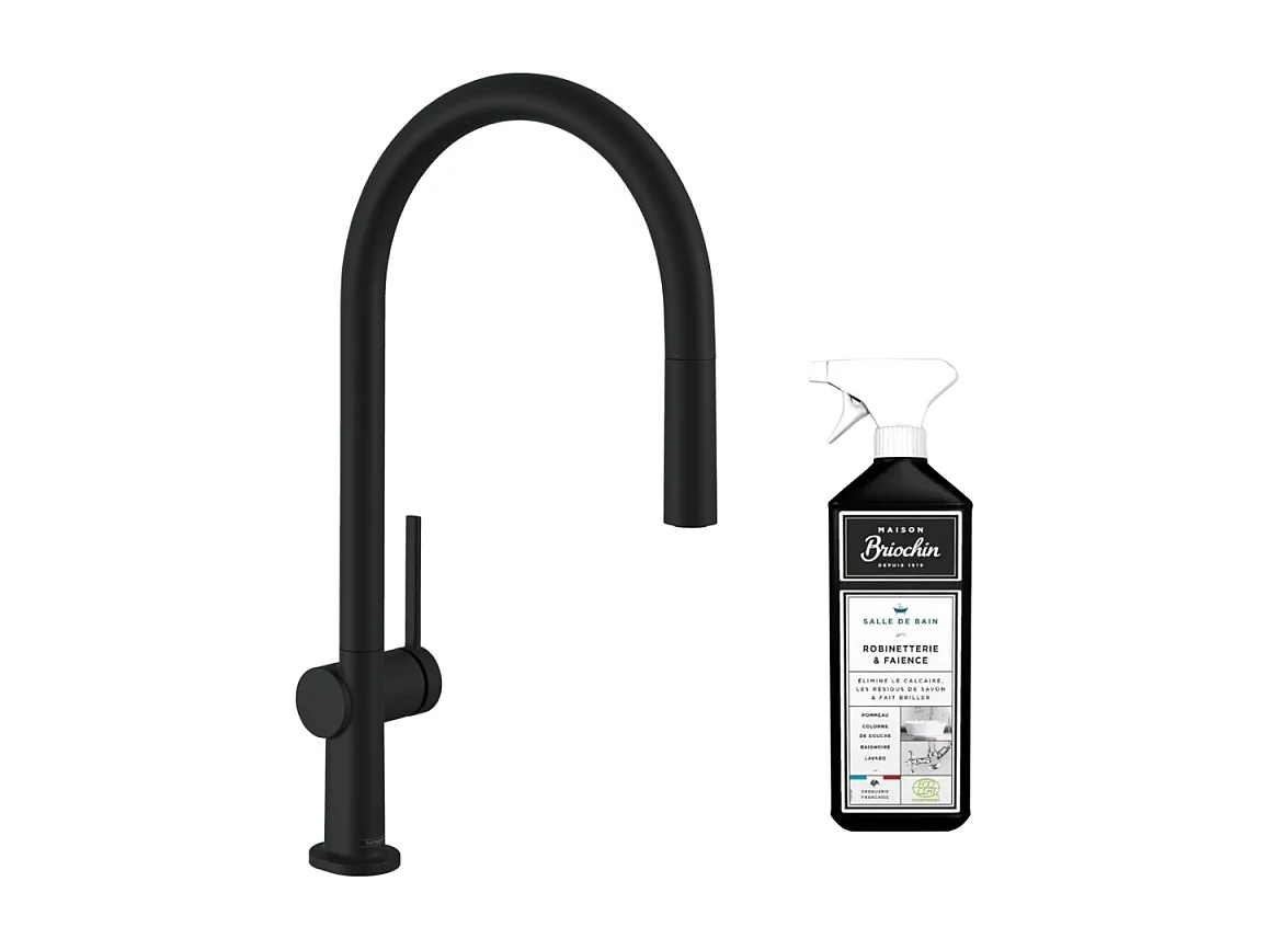 Robinet de cuisine avec douchette HANSGROHE Talis M54 210 noir mat + nettoyant Briochin
