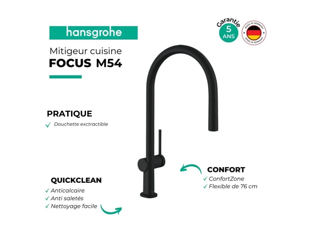Robinet de cuisine avec douchette HANSGROHE Talis M54 210 noir mat + nettoyant Briochin