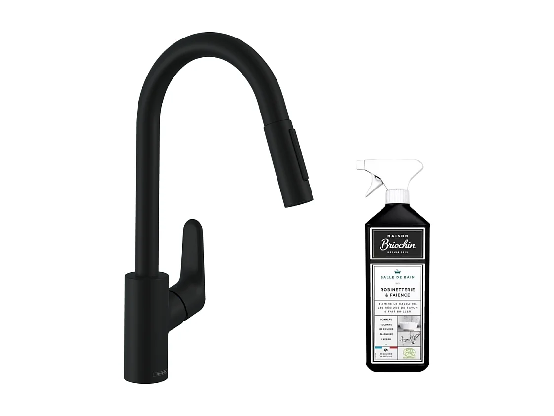 Robinet de cuisine avec douchette HANSGROHE Focus M41 240 2 jets noir mat + nettoyant Briochin