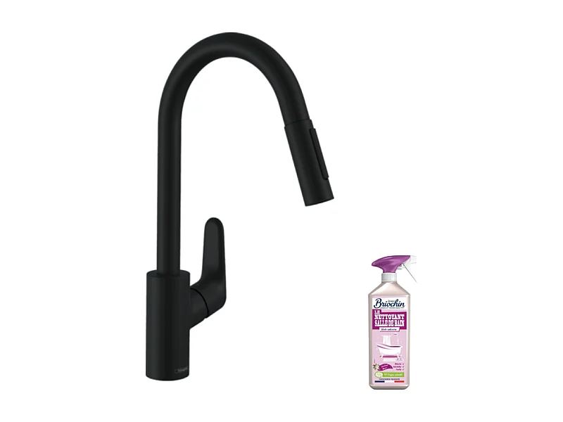 Robinet de cuisine avec douchette HANSGROHE Focus M41 240 2 jets noir mat + nettoyant Briochin