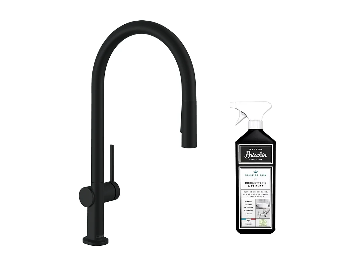 Robinet de cuisine avec douchette HANSGROHE Talis M54 210 sBox 2 jets noir mat + nettoyant Briochin