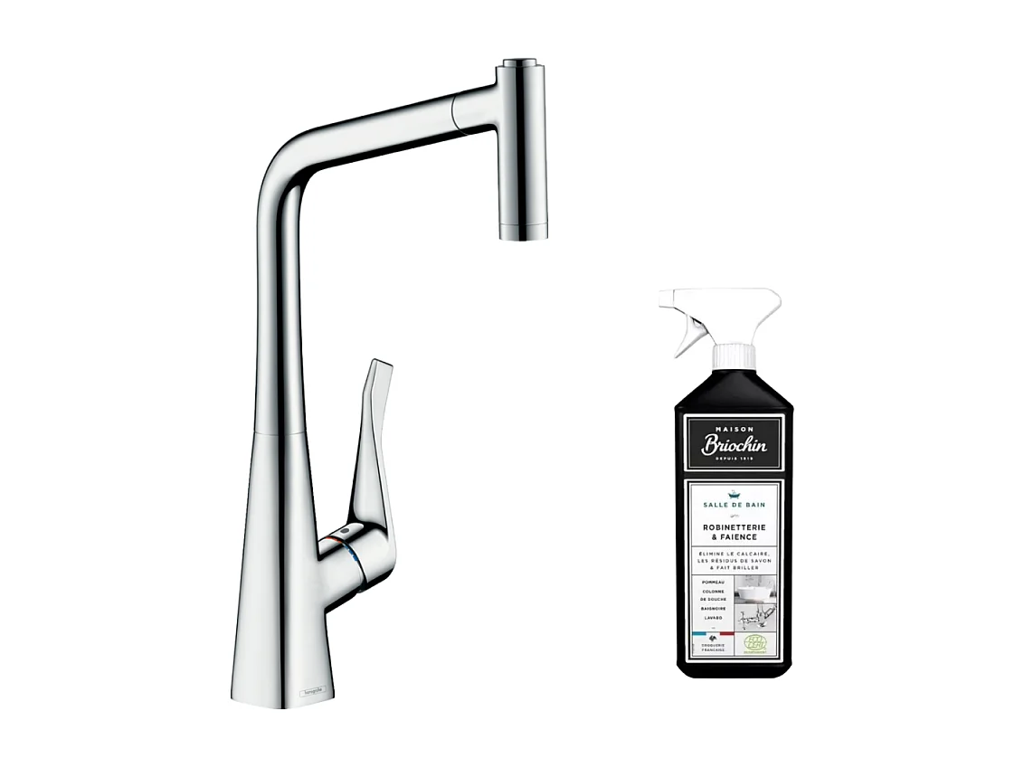 Robinet de cuisine avec douchette HANSGROHE Metris M71 320 2 jets chromé + nettoyant Briochin