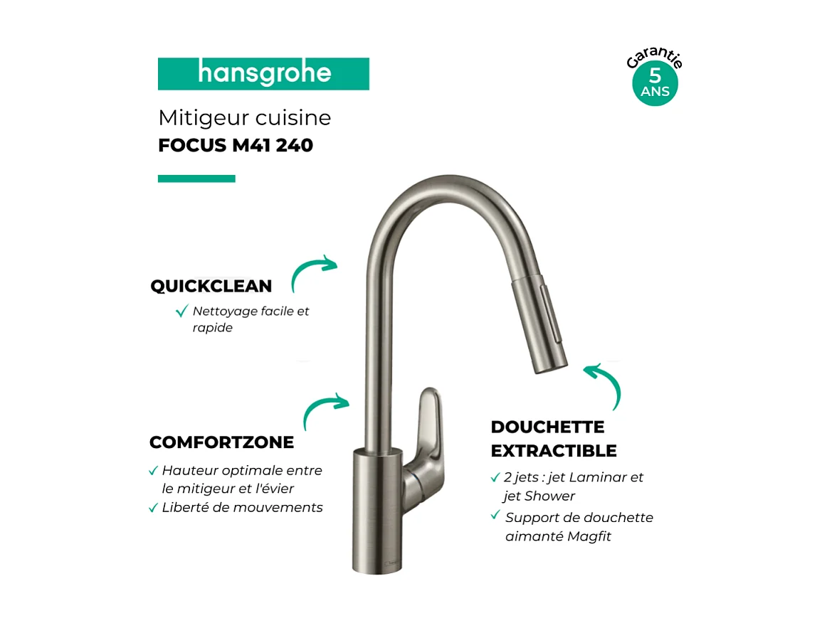 Grifo de cocina con ducha HANSGROHE Focus M41 240 2 chorros aspecto acero inoxidable