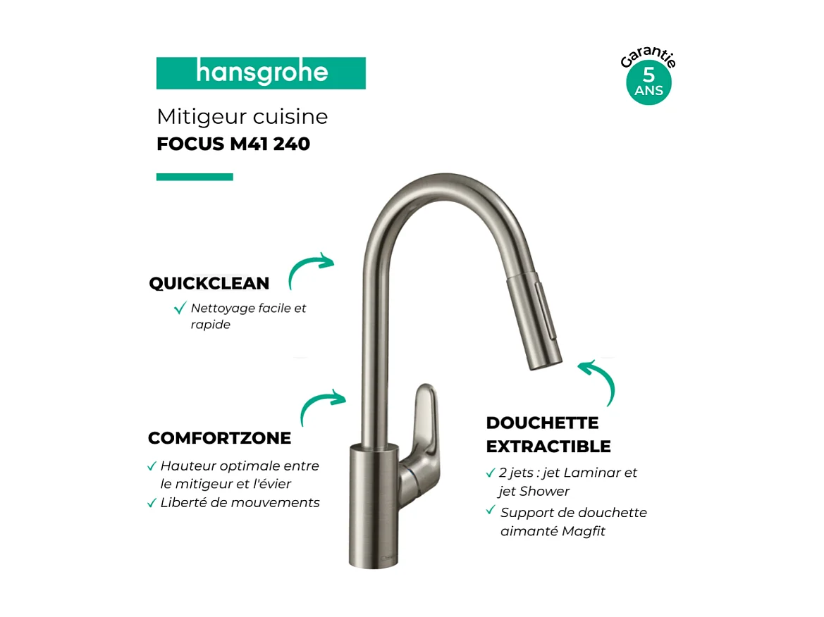 Robinet de cuisine avec douchette HANSGROHE Focus M41 240 2 jets aspect acier inox