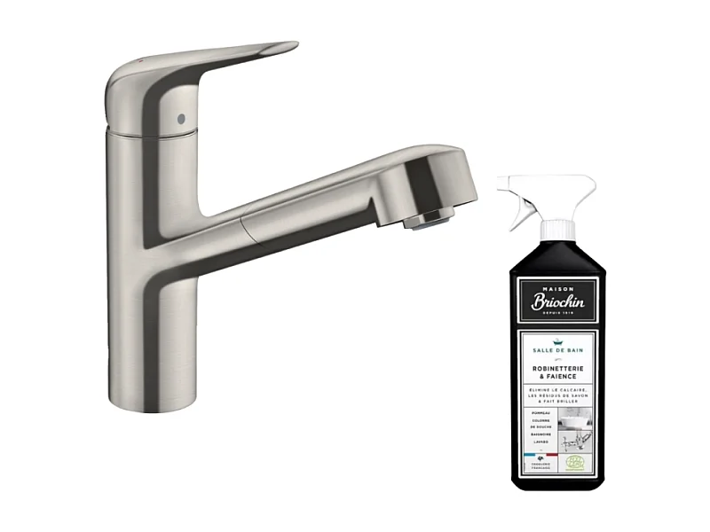 Robinet de cuisine avec douchette HANSGROHE Focus M42 150 aspect acier inox + nettoyant Briochin