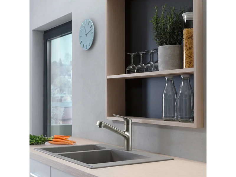 Robinet de cuisine avec douchette HANSGROHE Focus M42 150 aspect acier inox + nettoyant Briochin