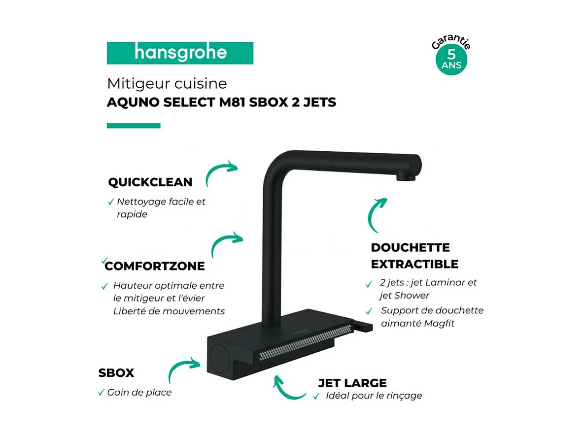 Robinet de cuisine avec douchette HANSGROHE Aquno Select M81 250 sBox 2 jets noir mat + nettoyant Briochin
