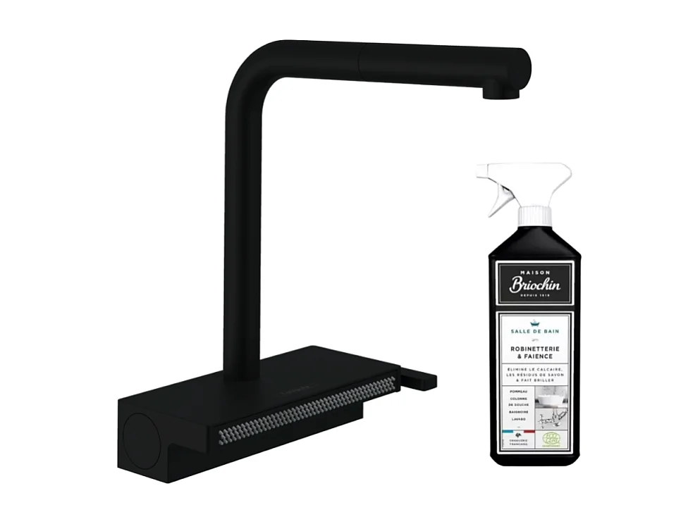 Robinet de cuisine avec douchette HANSGROHE Aquno Select M81 250 2 jets noir mat + nettoyant Briochin