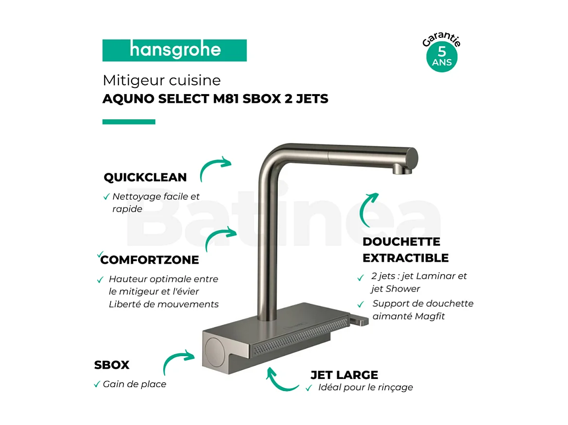 Robinet de cuisine avec douchette HANSGROHE Aquno Select M81 250 sBox 2 jets aspect acier inox
