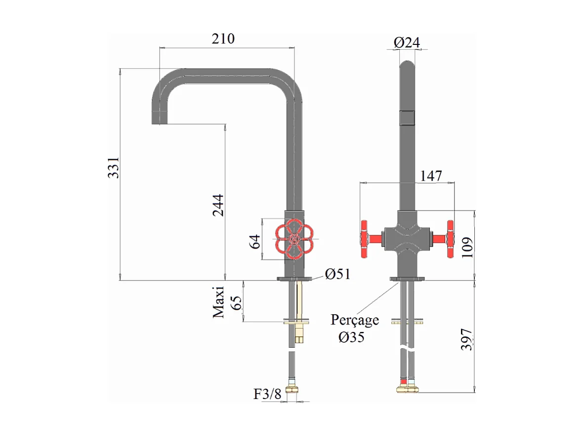 PAINI Mélangeur cuisine Induss Bec haut noir mat - manette rouge douchette extractible