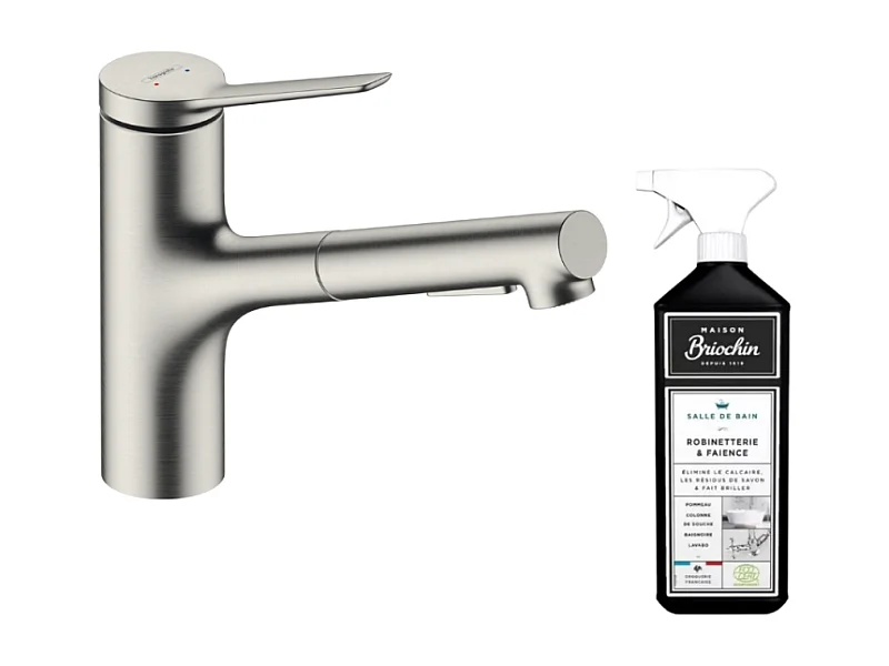 Robinet de cuisine avec douchette HANSGROHE Zesis M33 150 2 jets aspect acier inox + nettoyant Briochin