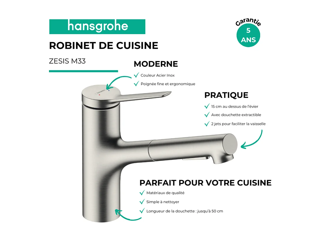 Robinet de cuisine avec douchette HANSGROHE Zesis M33 150 2 jets aspect acier inox + nettoyant Briochin