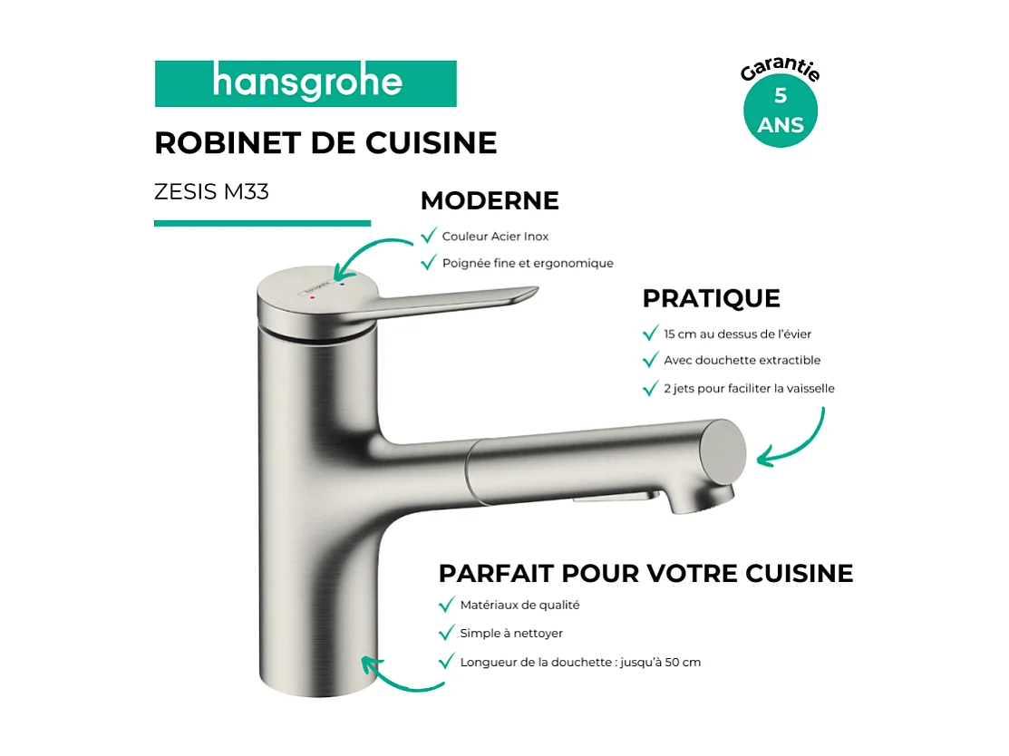 Robinet de cuisine avec douchette HANSGROHE Zesis M33 150 2 jets aspect acier inox + nettoyant Briochin
