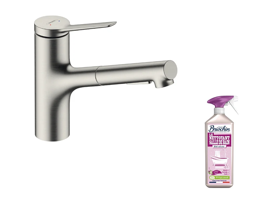 Robinet de cuisine avec douchette HANSGROHE Zesis M33 150 2 jets aspect acier inox + nettoyant Briochin