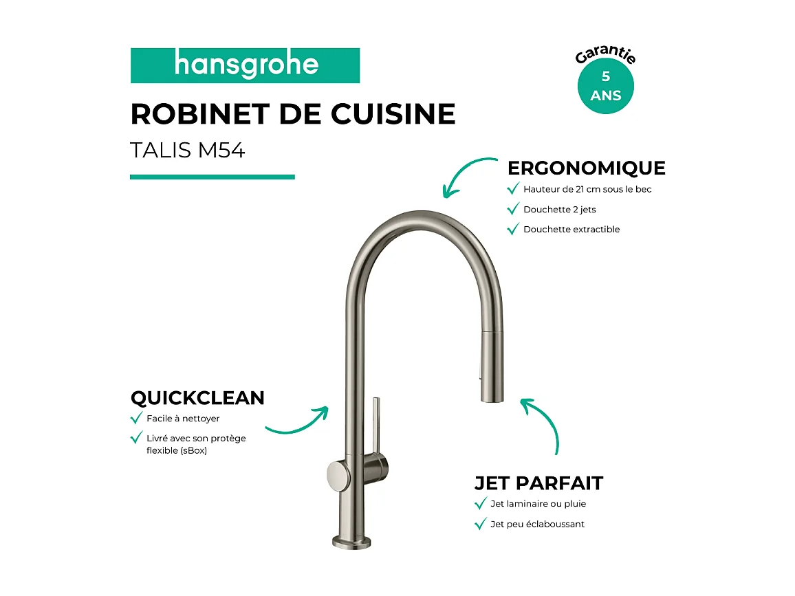 Robinet de cuisine avec douchette HANSGROHE Talis M54 210 sBox 2 jets aspect acier inox
