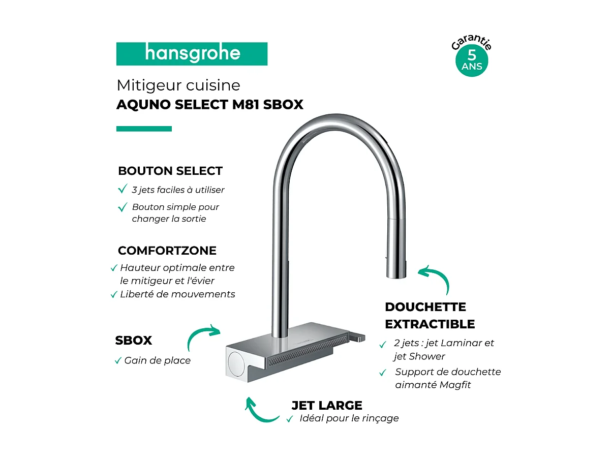 Robinet de cuisine avec douchette HANSGROHE Aquno Select M81 170 sBox 3 jets chromé