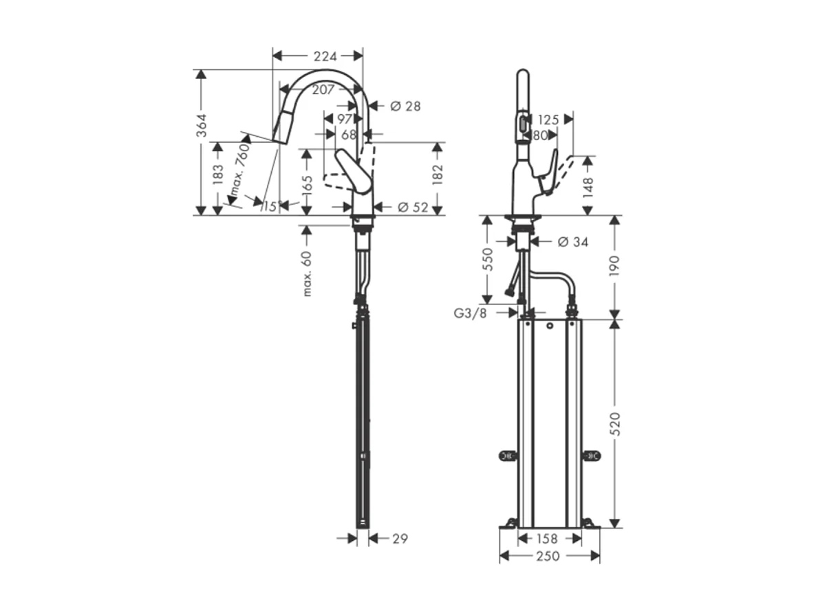 Robinet de cuisine avec douchette HANSGROHE Focus M42 180 sBox 2 jets aspect acier inox