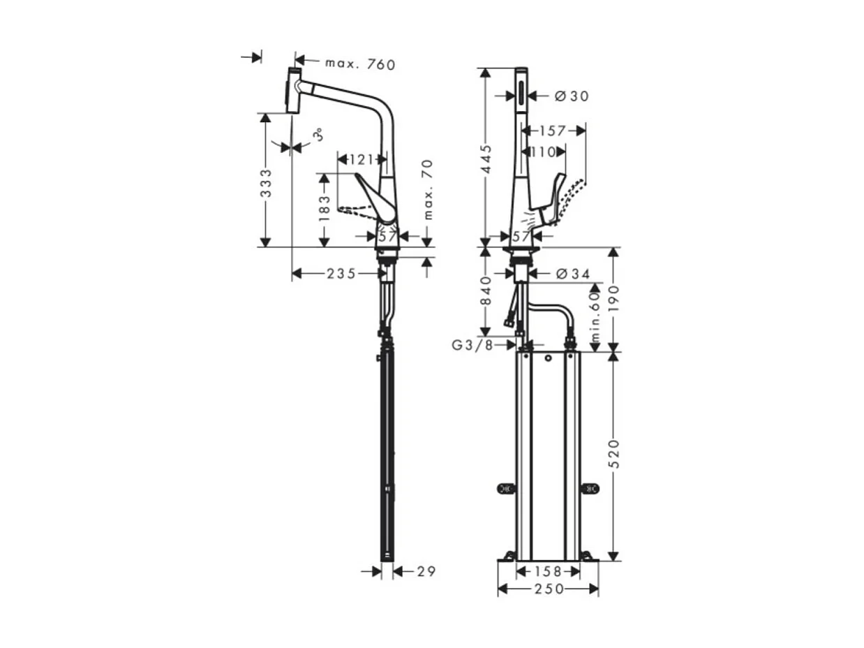 Robinet de cuisine avec douchette HANSGROHE Metris Select M71 320 sBox 2 jets aspect acier inox
