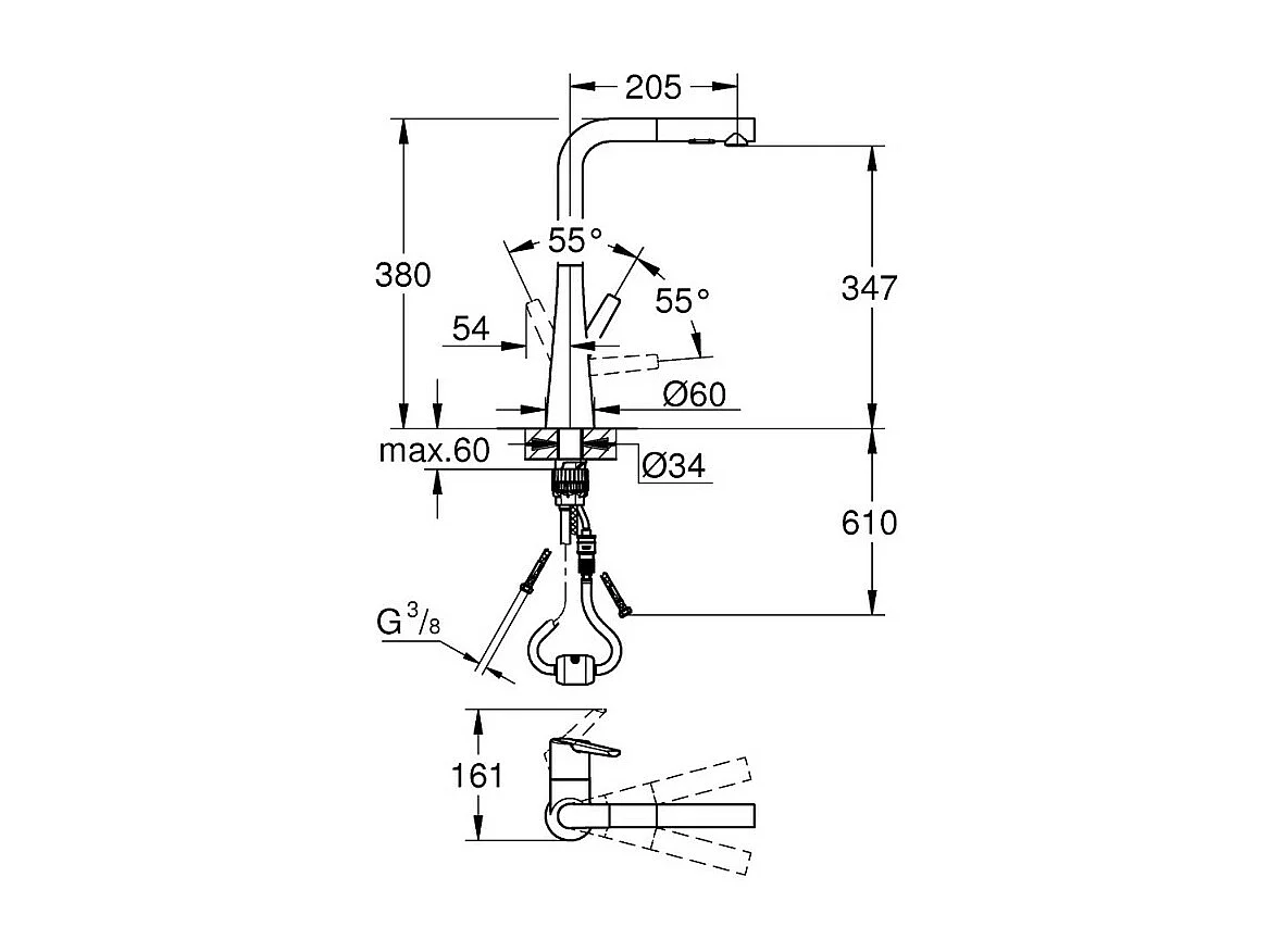 GROHE Zedra Mezclador de cocina de 2 chorros, caño alto, cromado, ducha extraíble