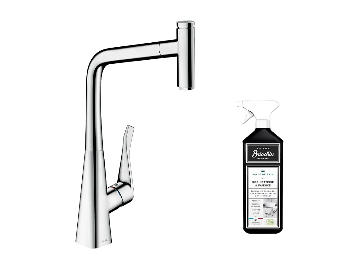 Robinet de cuisine avec douchette HANSGROHE Metris Select M71 320 chromé + nettoyant Briochin