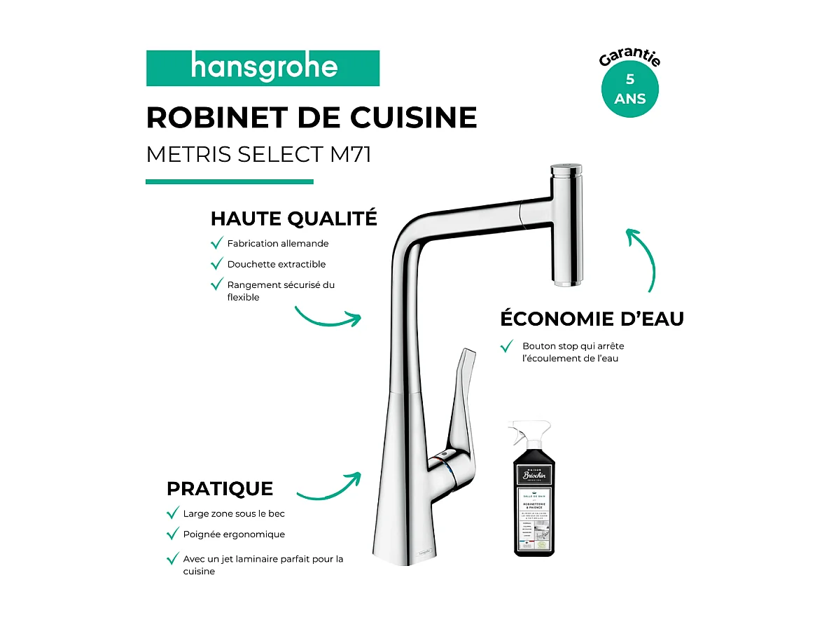 Robinet de cuisine avec douchette HANSGROHE Metris Select M71 320 chromé + nettoyant Briochin
