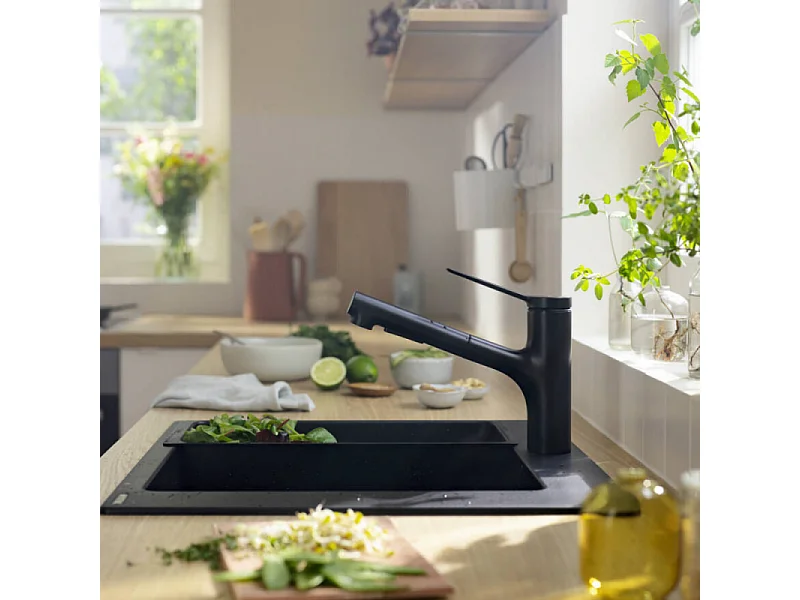 Robinet de cuisine avec douchette HANSGROHE Zesis M33 150 sBox 2 jets noir mat + nettoyant Briochin