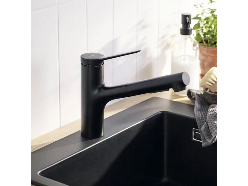 Robinet de cuisine avec douchette HANSGROHE Zesis M33 150 sBox 2 jets noir mat + nettoyant Briochin