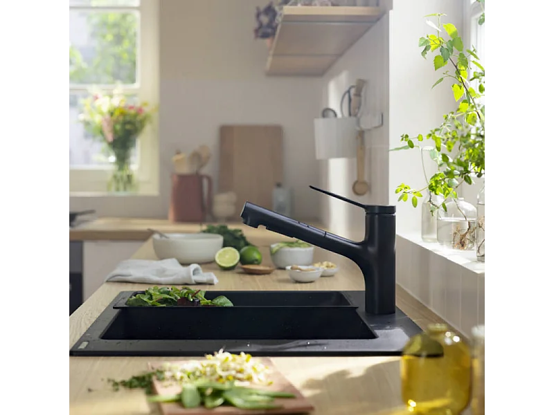 Robinet de cuisine avec douchette HANSGROHE Zesis M33 150 sBox 2 jets noir mat + nettoyant Briochin