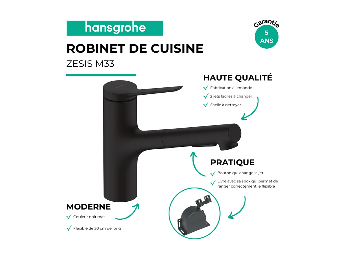 Robinet de cuisine avec douchette HANSGROHE Zesis M33 150 sBox 2 jets noir mat + nettoyant Briochin