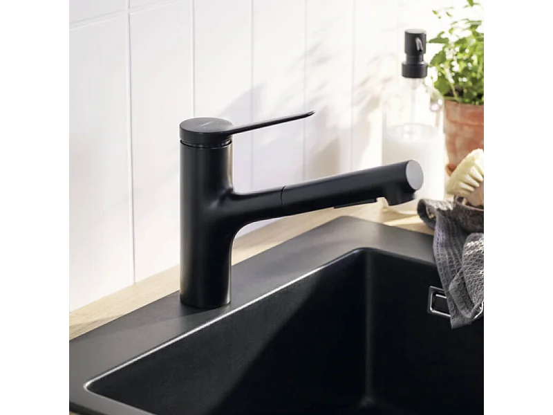 Robinet de cuisine avec douchette HANSGROHE Zesis M33 150 sBox 2 jets noir mat + nettoyant Briochin