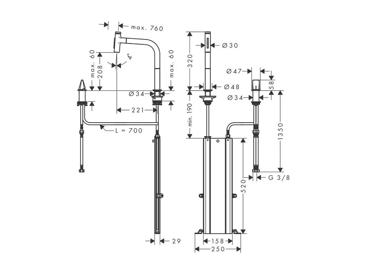 Robinet de cuisine encastré avec douchette HANSGROHE Metris Select M71 200 sBox 2 jets noir chromé brossé