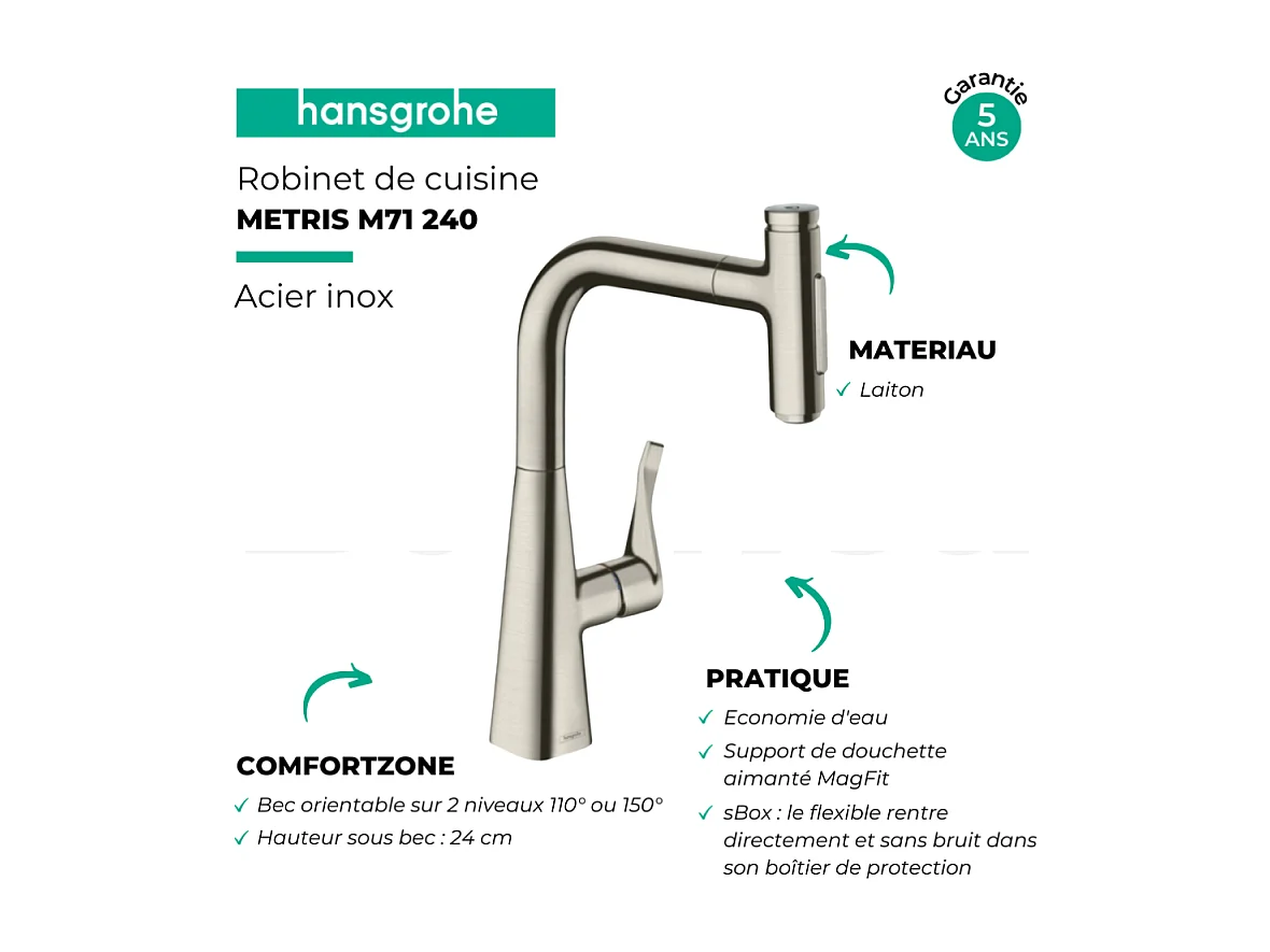 Robinet de cuisine avec douchette HANSGROHE Metris Select M71 240 sBox 2 jets aspect acier inox + nettoyant Briochin