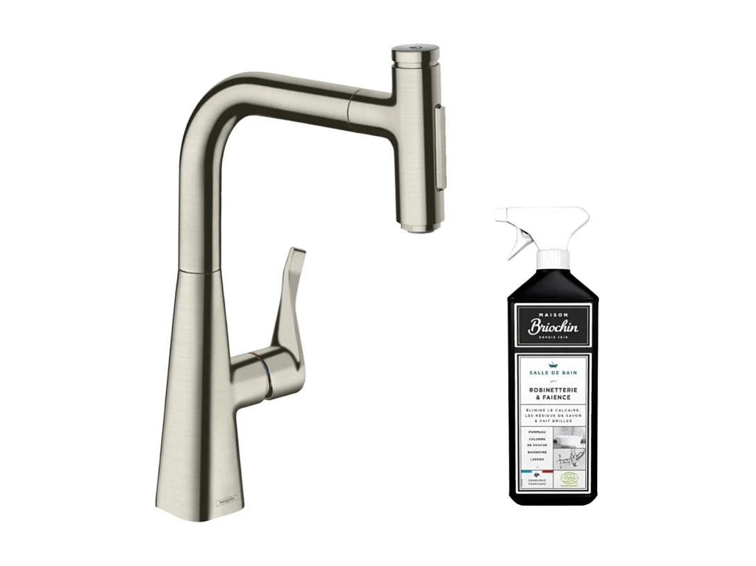 Robinet de cuisine avec douchette HANSGROHE Metris Select M71 240 sBox 2 jets aspect acier inox + nettoyant Briochin