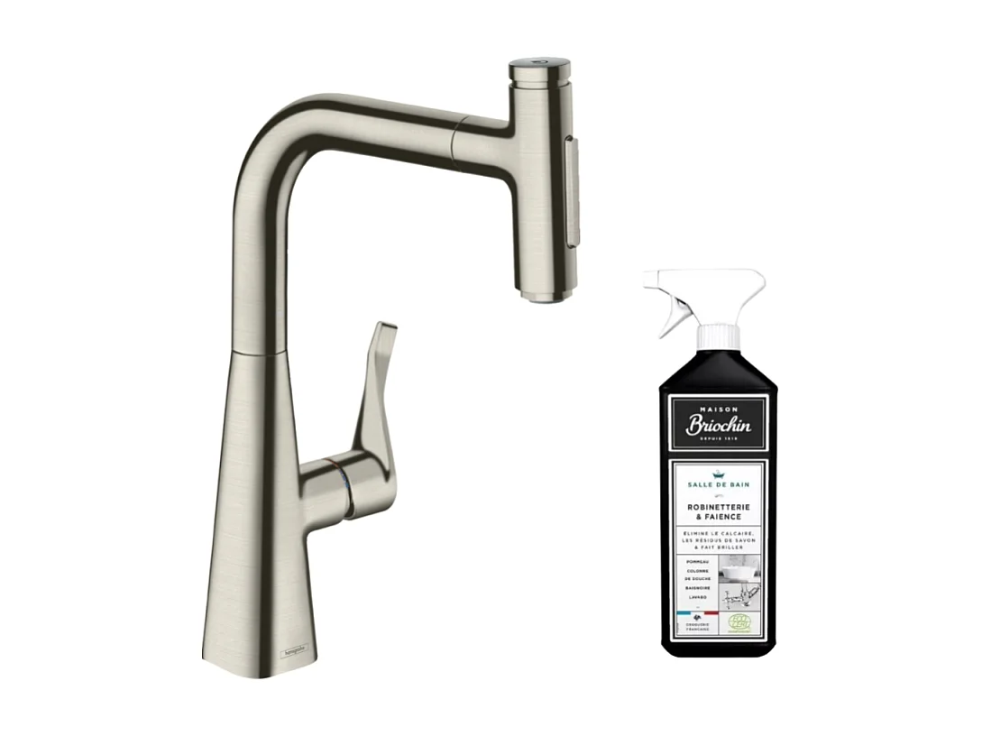 Robinet de cuisine avec douchette HANSGROHE Metris Select M71 240 sBox 2 jets aspect acier inox + nettoyant Briochin