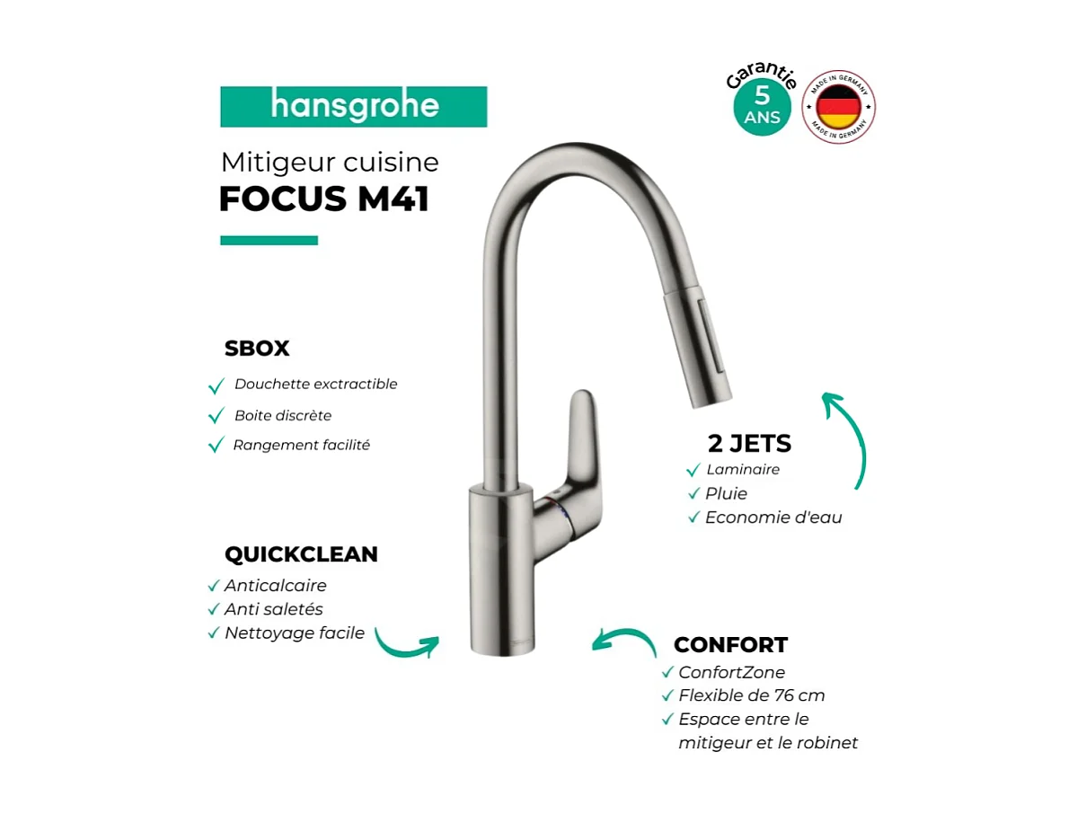 Robinet de cuisine avec douchette HANSGROHE Focus M41 240 sBox 2 jets chromé + nettoyant Briochin