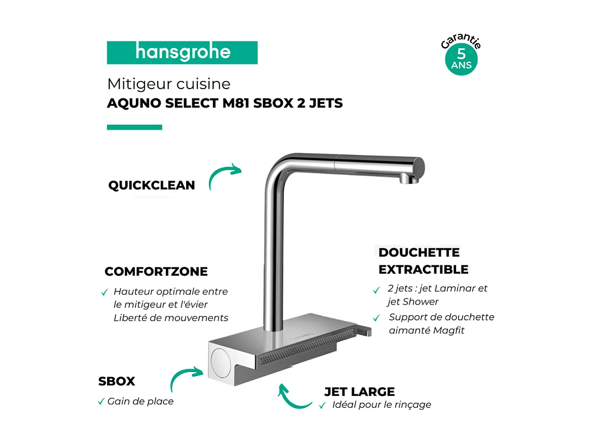 Robinet de cuisine avec douchette HANSGROHE Aquno Select M81 250 sBox 2 jets chromé
