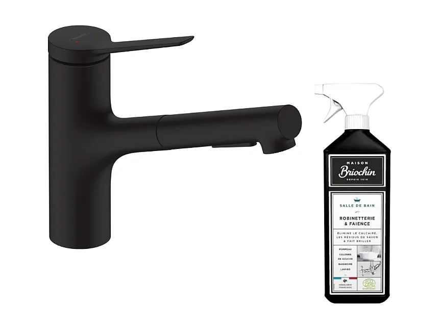 Robinet de cuisine avec douchette HANSGROHE Zesis M33 150 2 jets noir mat + nettoyant Briochin